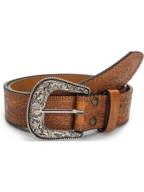Unisex Brown Leather Belt Western Vintage Belt Engraved Cowboy Cowgirl Belt